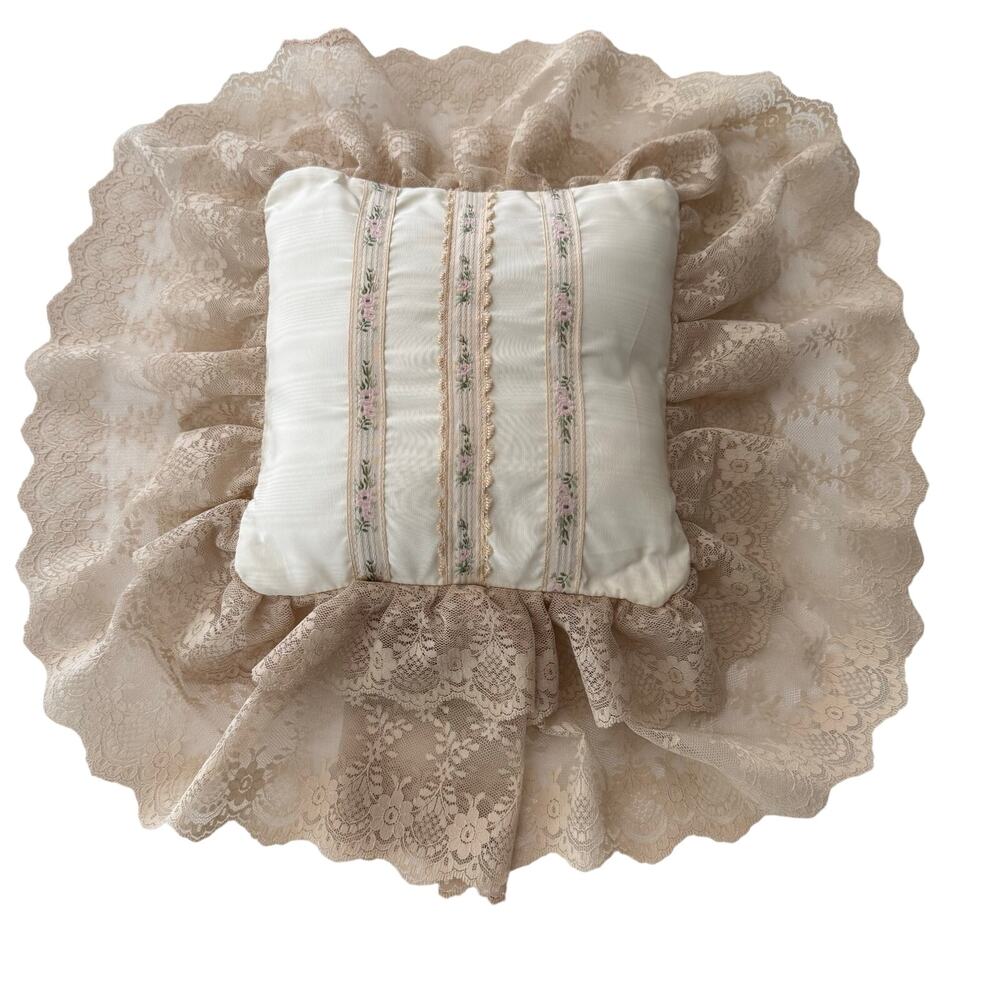 Vintage 90s Victorian Style Pillow Ivory Satin Pink Floral Ribbon Lace Ruffles